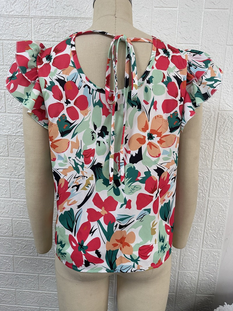 Women's Summer Floral Print Double-layer Flying Short-sleeved Blouses