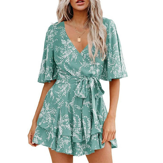 Women's Floral Collar Flare Sleeve Waist Pleated Jumpsuits