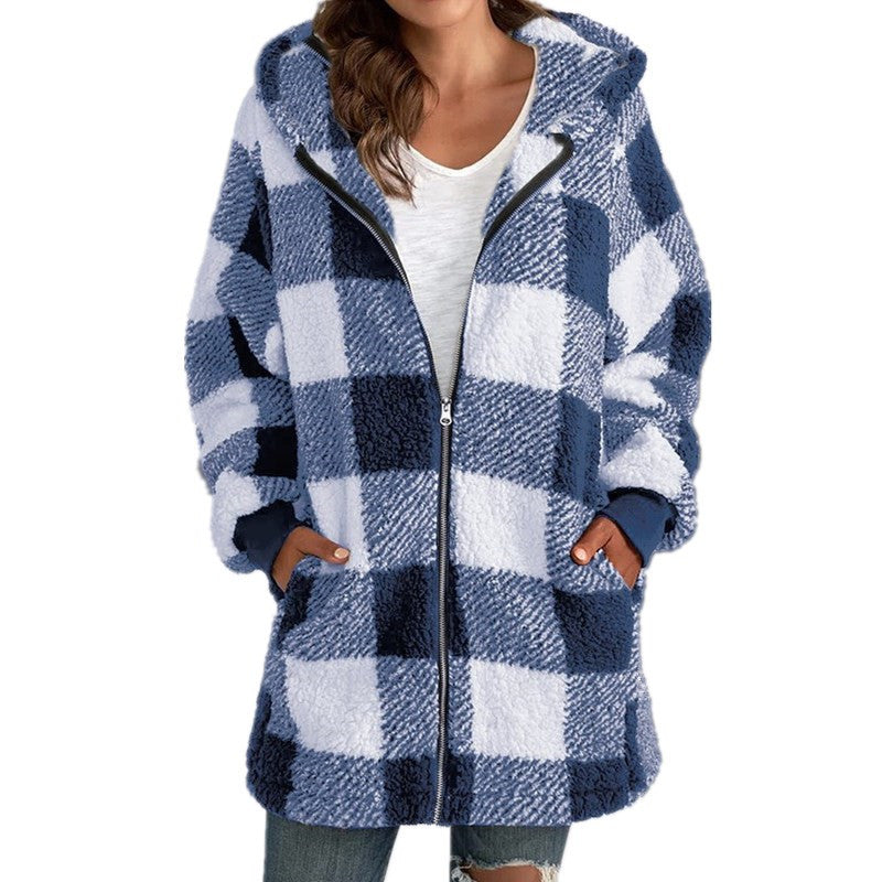 Women's Plush Long-sleeved Plaid Hooded Zipper With Sweaters