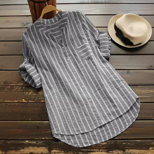 Women's Spring Casual Mid-length Shirt Striped Three-quarter Blouses