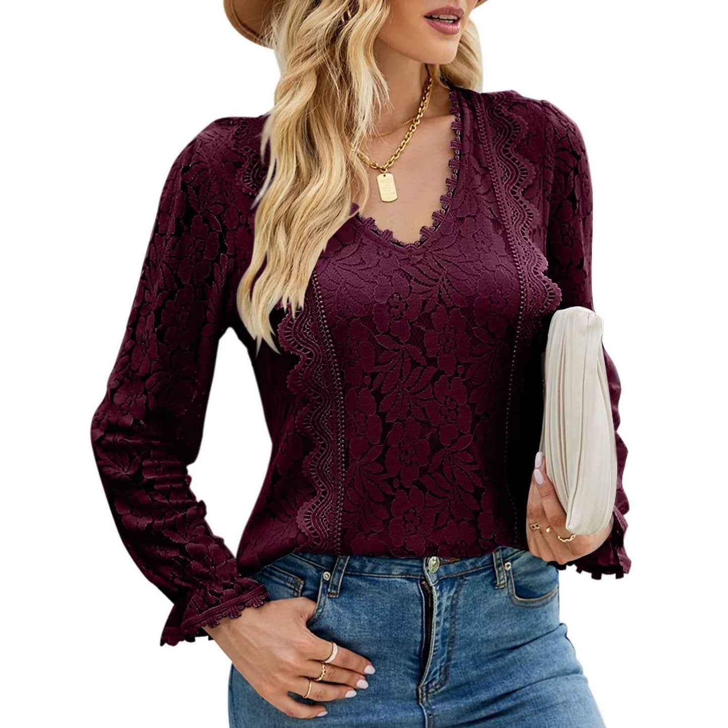 Women's Solid Color Hollow-out Sexy Long-sleeved Blouses