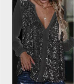 Urban Casual Sequin V-neck Long Sleeve Loose Pullover Solid Color Blouses