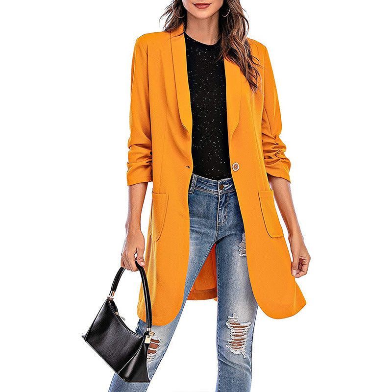 Women's Three-quarter Sleeve Mid-length Pocket Solid Color Blazers