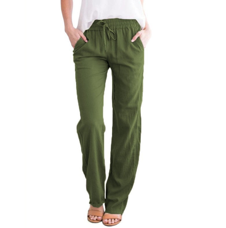 Pantalon ample à cordon de serrage en coton et lin de couleur unie pour femme