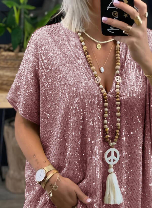 Beautiful Summer Sequined V-neck Loose-fitting T-shirt Blouses