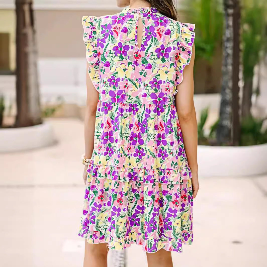 Women's Summer Printed Wooden Ear Collar Ruffled Dresses