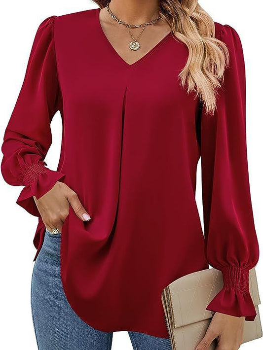 Frauen Farbe Chiffon Hemd Pullover Horn Lange Blusen