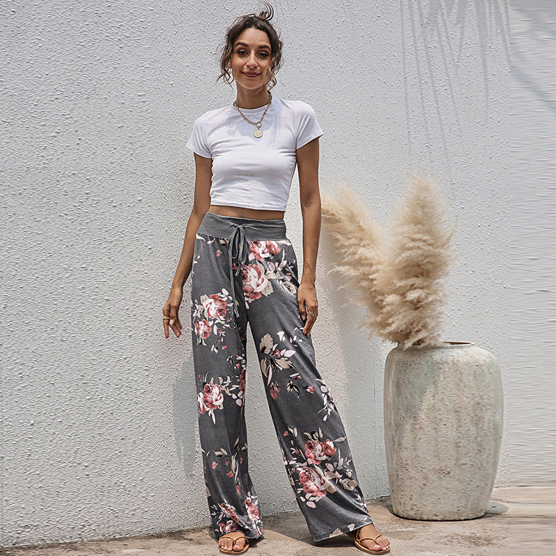 Women's Lace-up Casual Trousers Fashion Loose Printed Pants