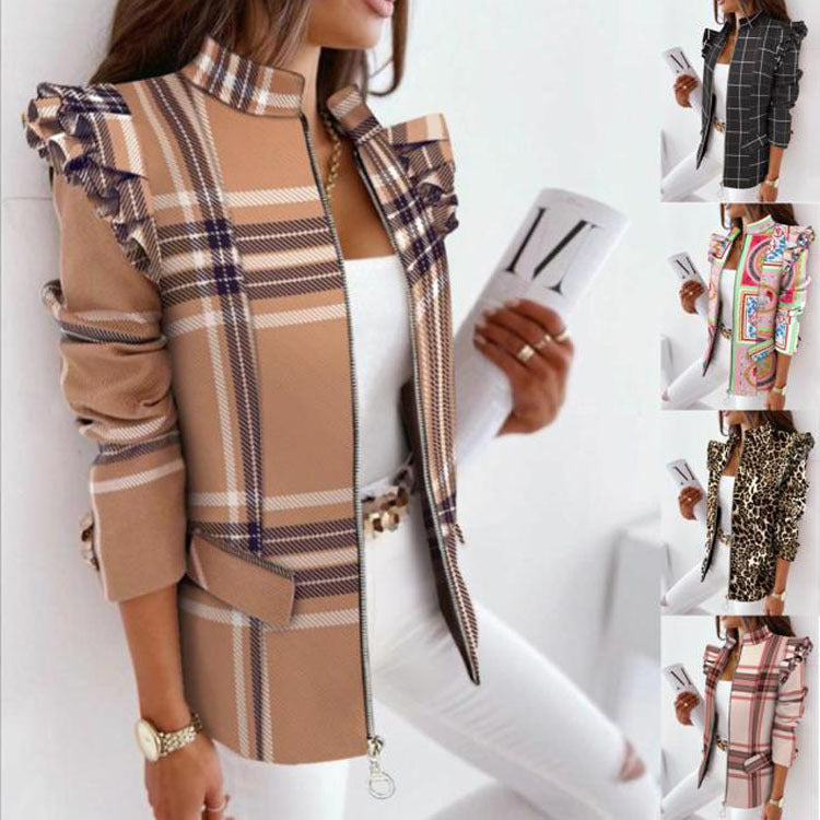 Women's Ruffled Long Sleeve Zipper Print Blazers