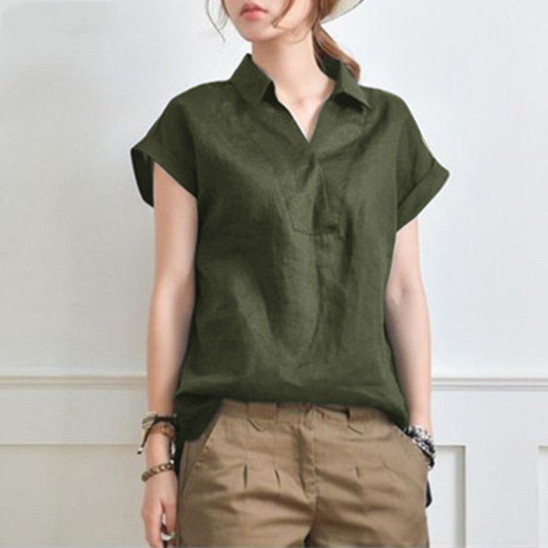 Women's Long Back Lapel Shirt Summer Linen Leisure Sleeve Shorts