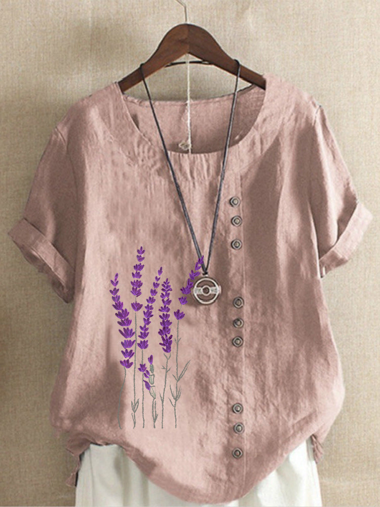 Women's Fresh Printed Round Neck Sleeve Fastener Tops