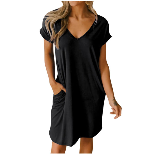 Women's Solid Color Sleeve Pocket Midi Dress Dresses