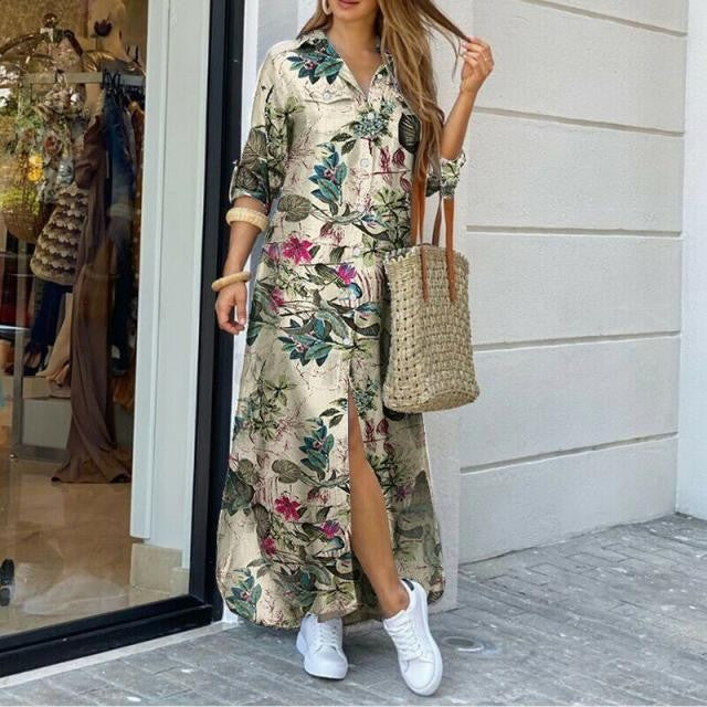 Women's Printed Irregular Hem Long Shirt Dress Dresses