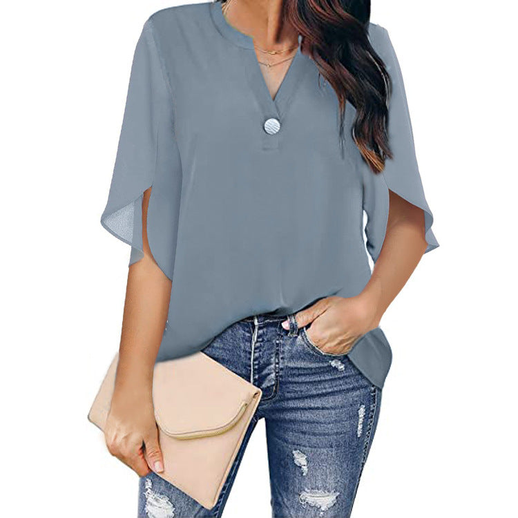 Women's Sleeve Elegant Casual Solid Color V-neck Blouses