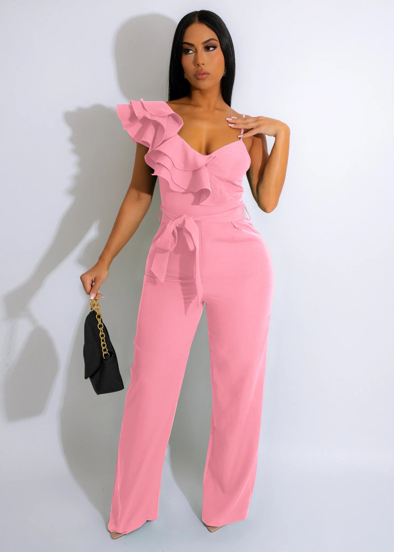 Women's Ruffles One-shoulder Sleeveless Waist Deep V Loose Solid Jumpsuits