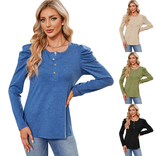 Women's Color Buttons Round Neck Puff Sleeve Tops