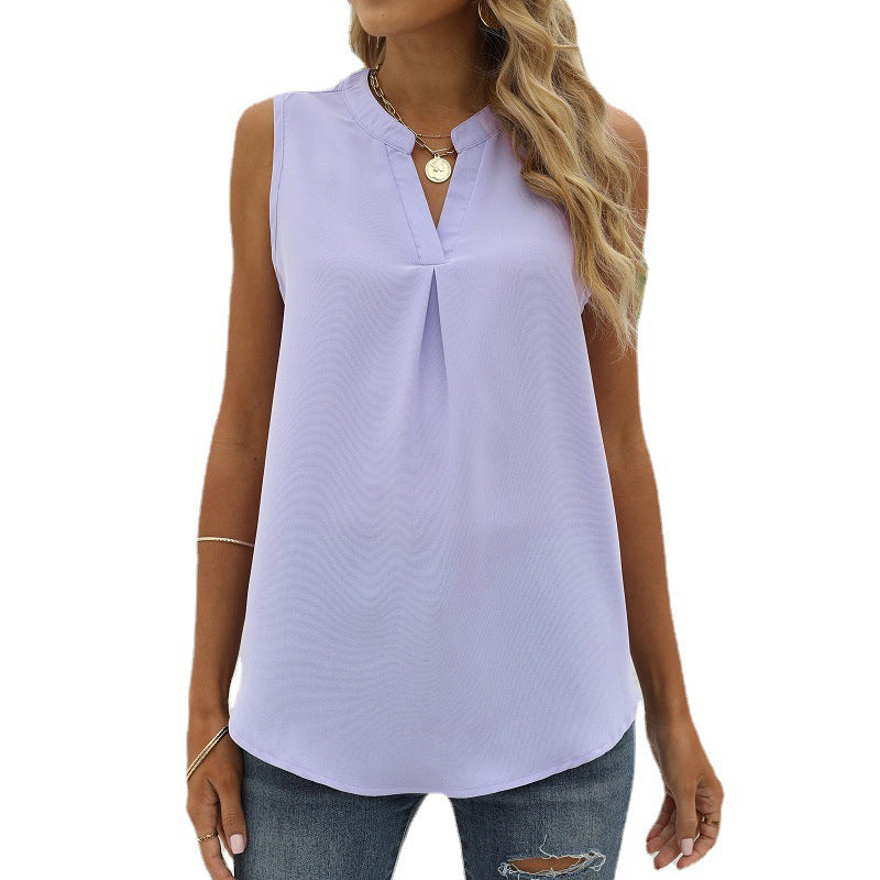 Women's Color Chiffon Shirt Loose V-neck Pullover Vests