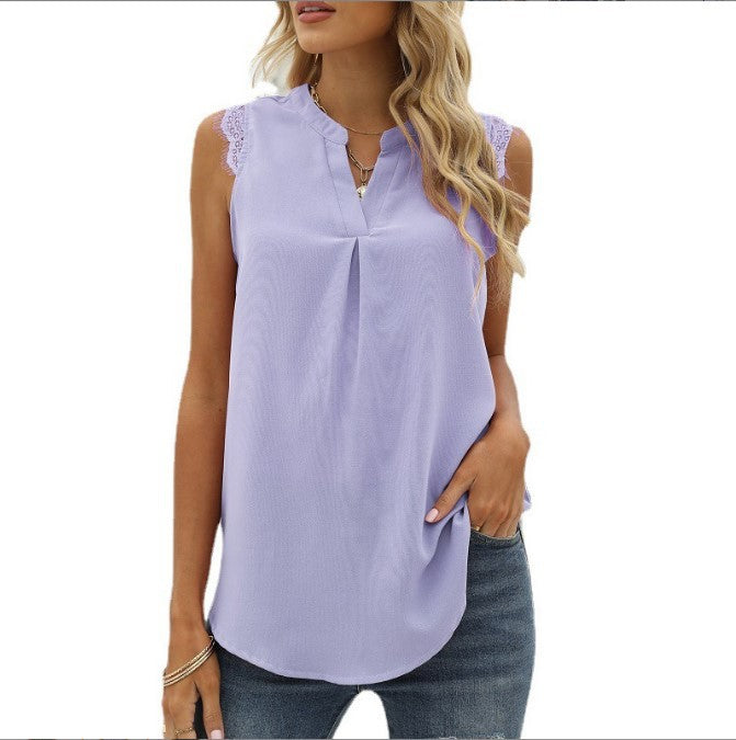 Women's Solid Color Shirt Loose Sleeveless Lace Blouses