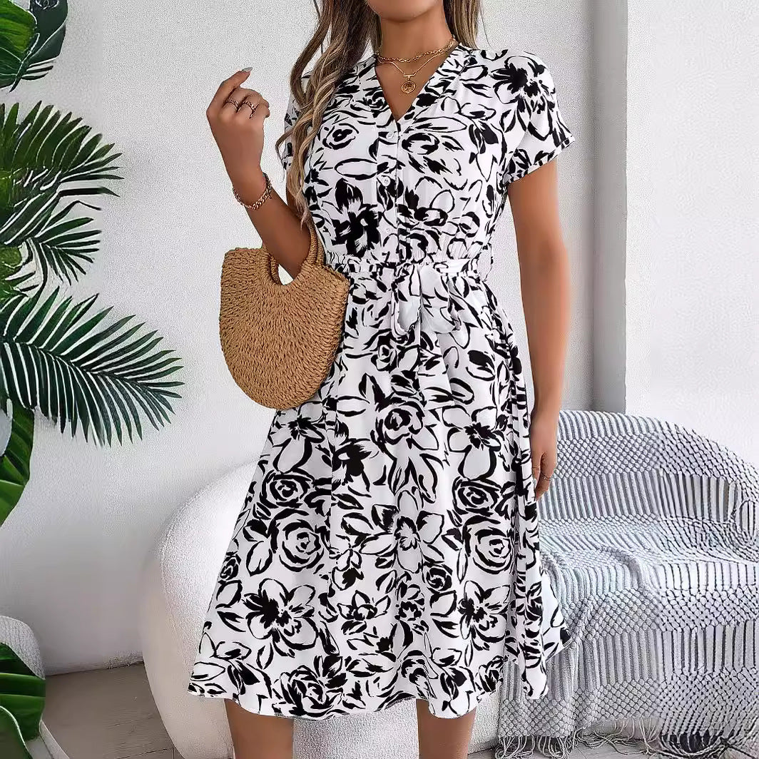 Women's Casual Button Batwing Sleeve Flower Swing Dresses