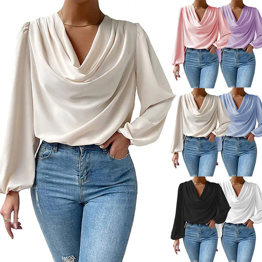 Damen Chiffon Langarm Lockere V-Ausschnitt Lässige T-Shirt Blusen