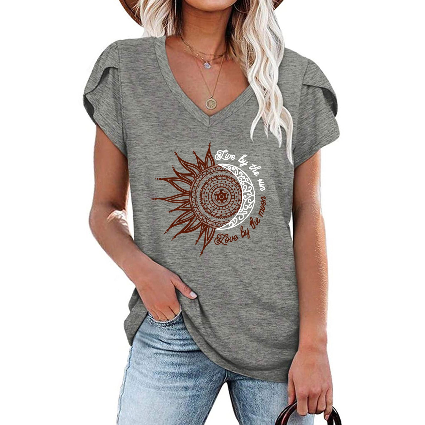 Women's Sunflower Printed Petal Short-sleeved T-shirt For Blouses