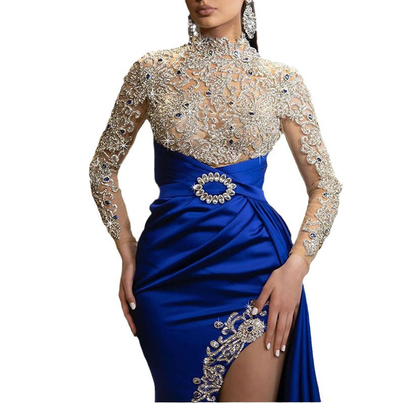 Damen Blau Gold Rundhals Kleid Sexy Kleider