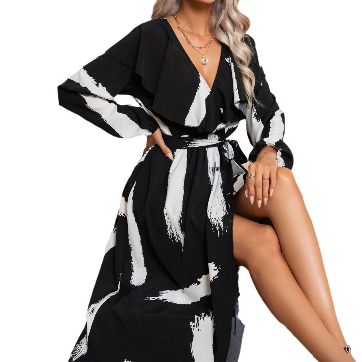 Robe imprimée à manches longues et col à volants pour femmes