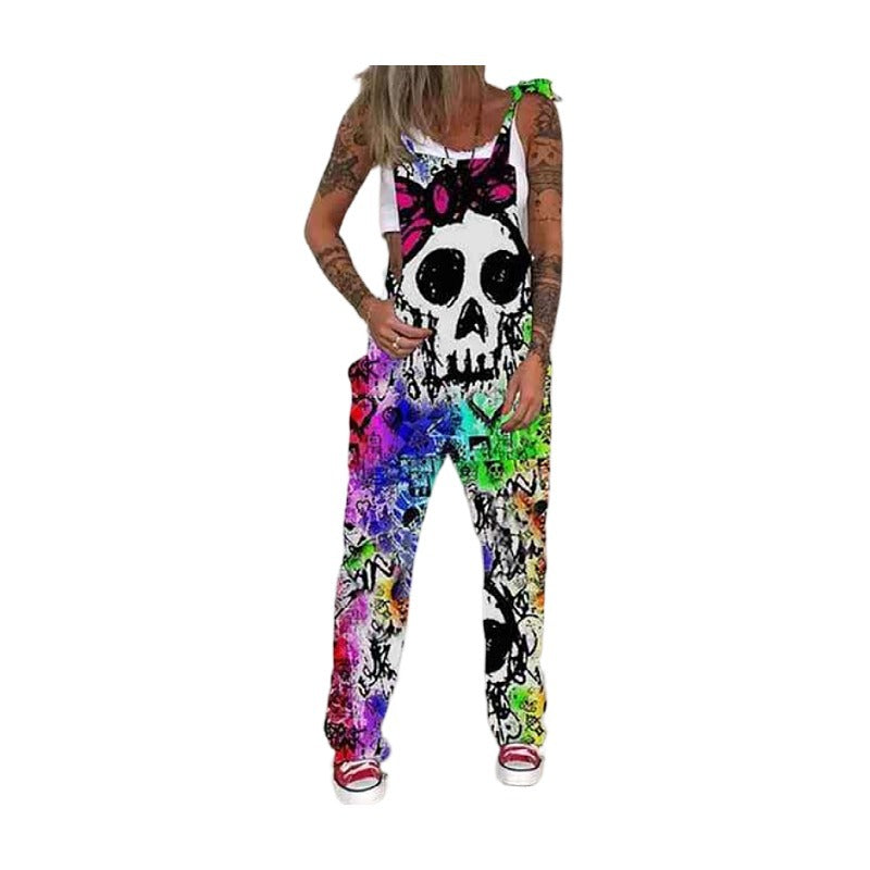 Unique Printed Skull Chrysanthemum Overalls Trousers Pants