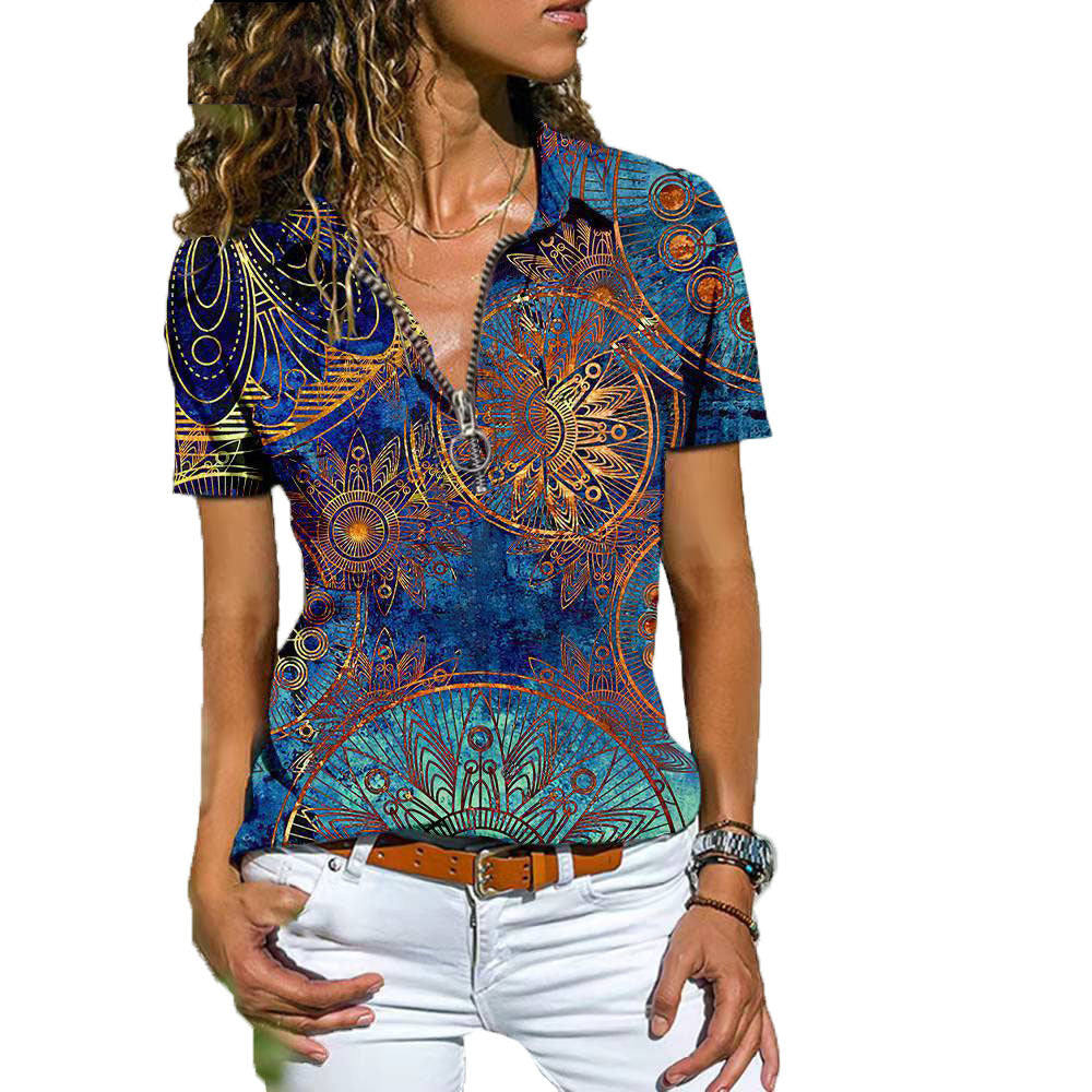 Beautiful Women's Bohemian Zipper T-shirt Sleeves Shorts