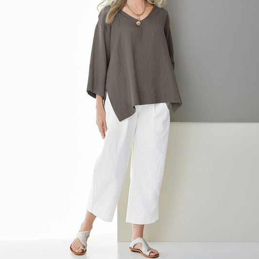 Women's And Linen Shirt Three-quarter Sleeve Side Tops