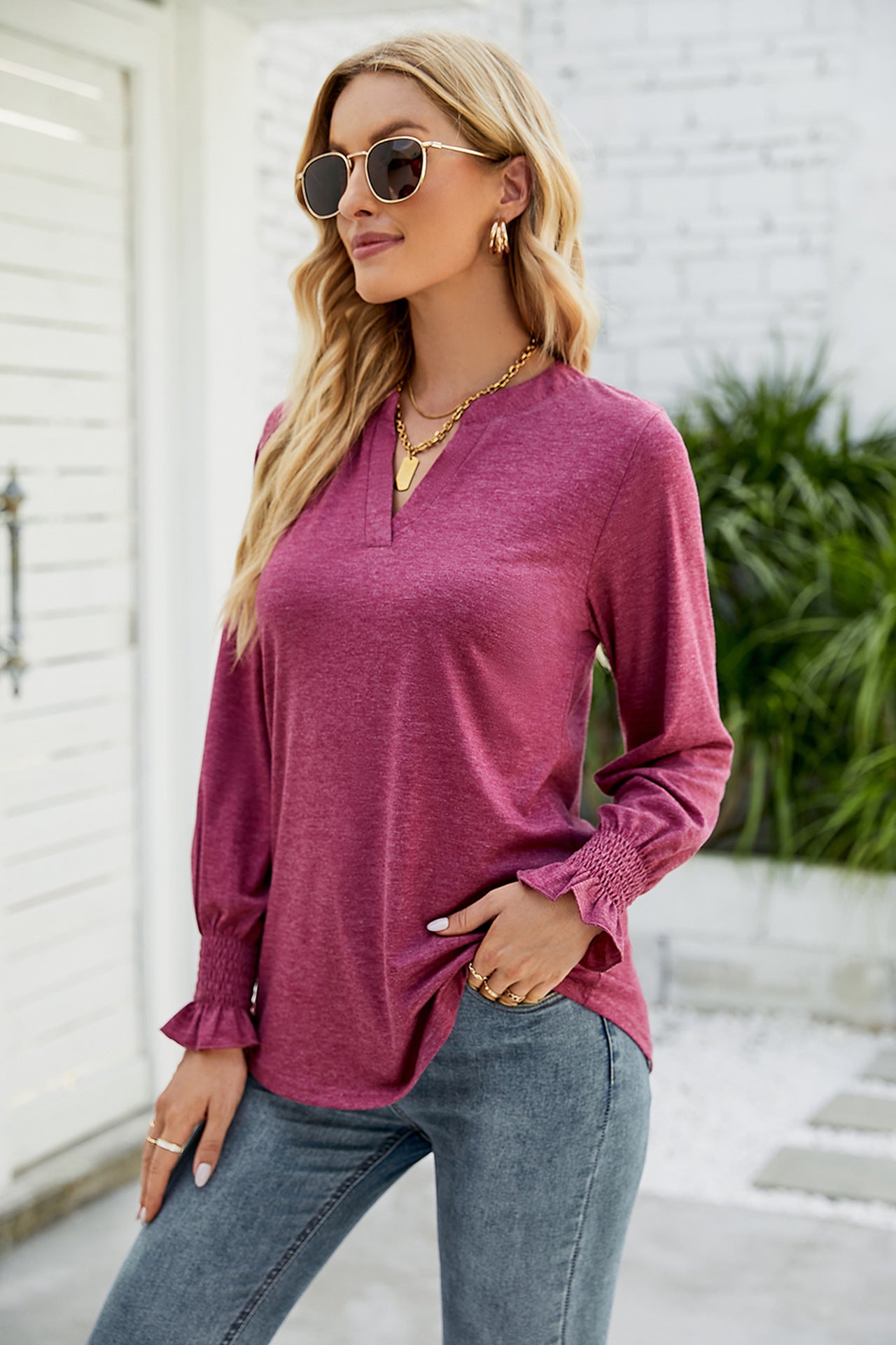 Women's Autumn Casual V-neck Solid Color Ruffle Sleeve Loose Blouses