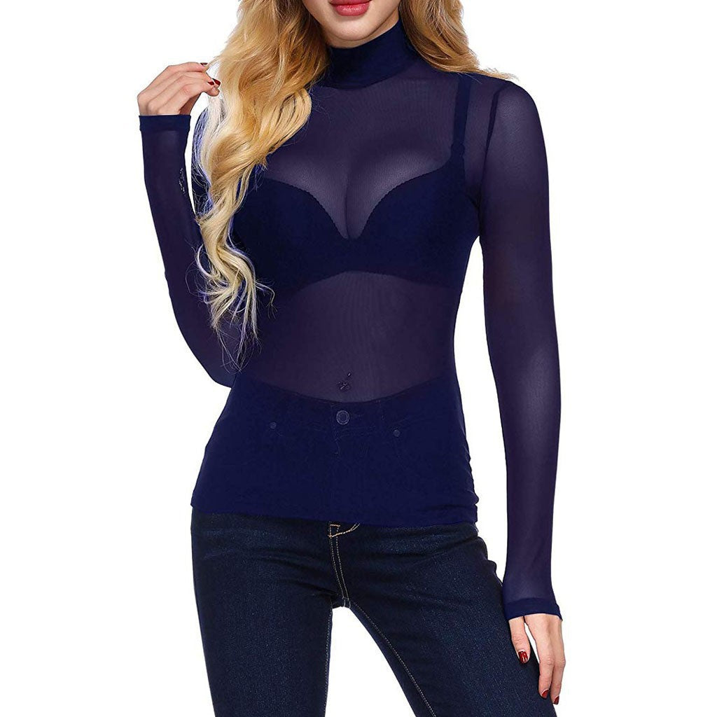 Women's Sexy Ultra Slim Mesh Stretch Tight Long Sleeve Half Blouses