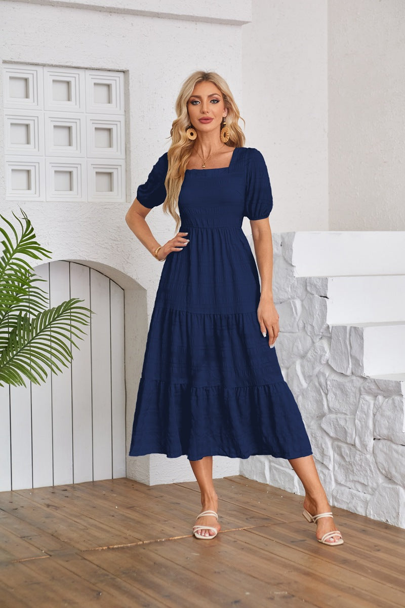 Women's Bubble Sleeve Square Collar Back Pleating Dresses