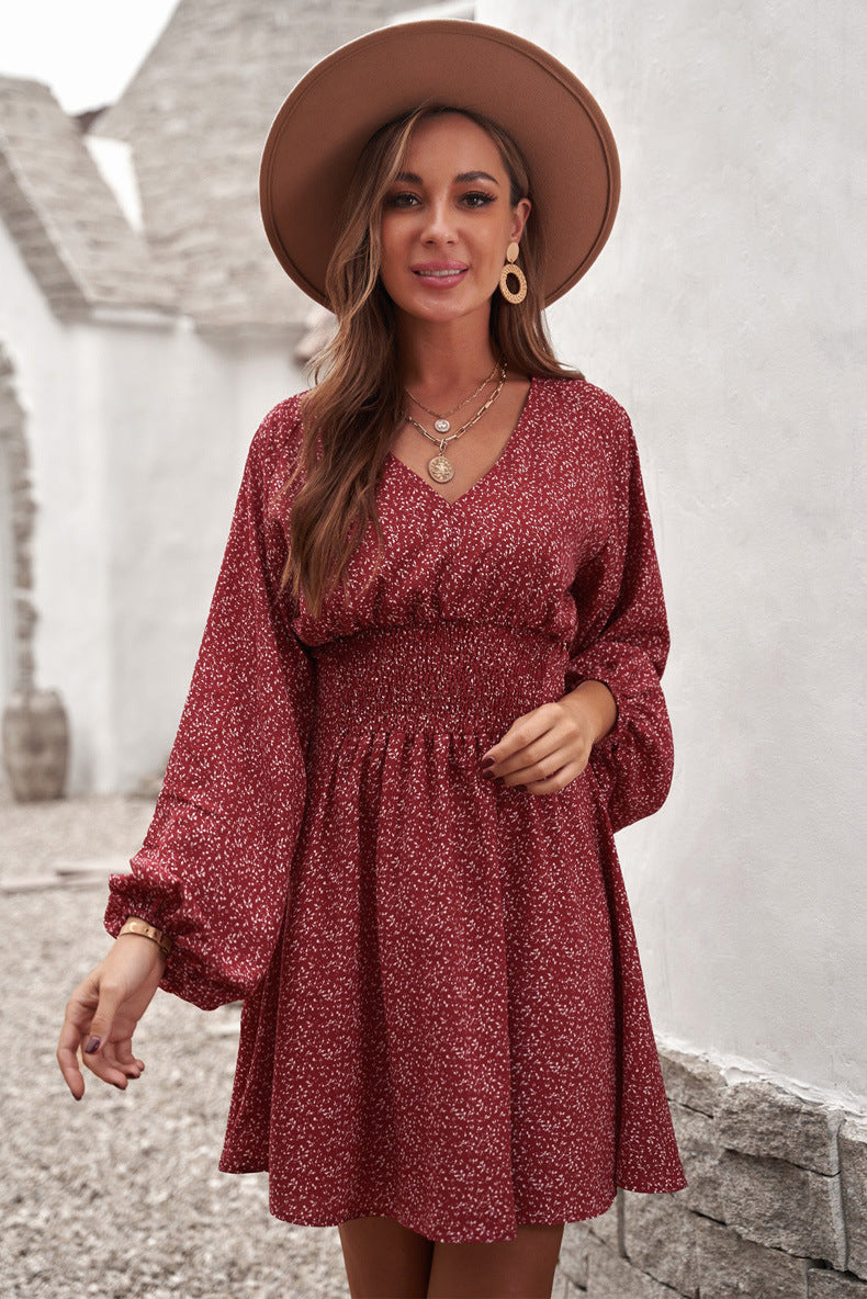 Women's Polka Dot Dress Pullover Long Sleeve Pleated Dresses