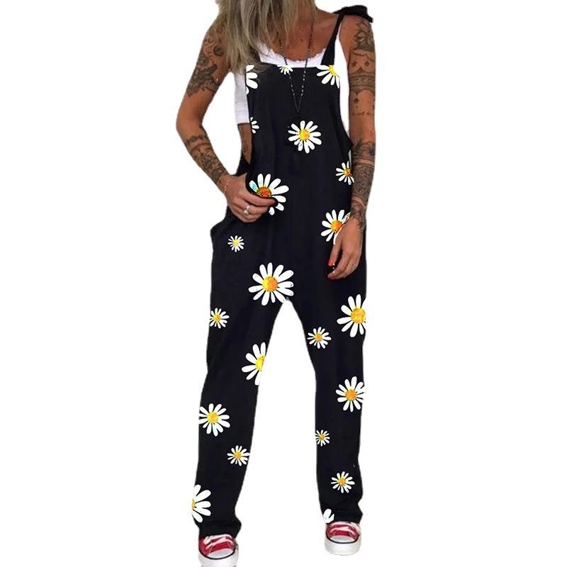 Unique Printed Skull Chrysanthemum Overalls Trousers Pants