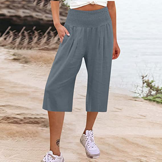 Women's Linen Cropped Waist Smocking Thin Pocket Pants