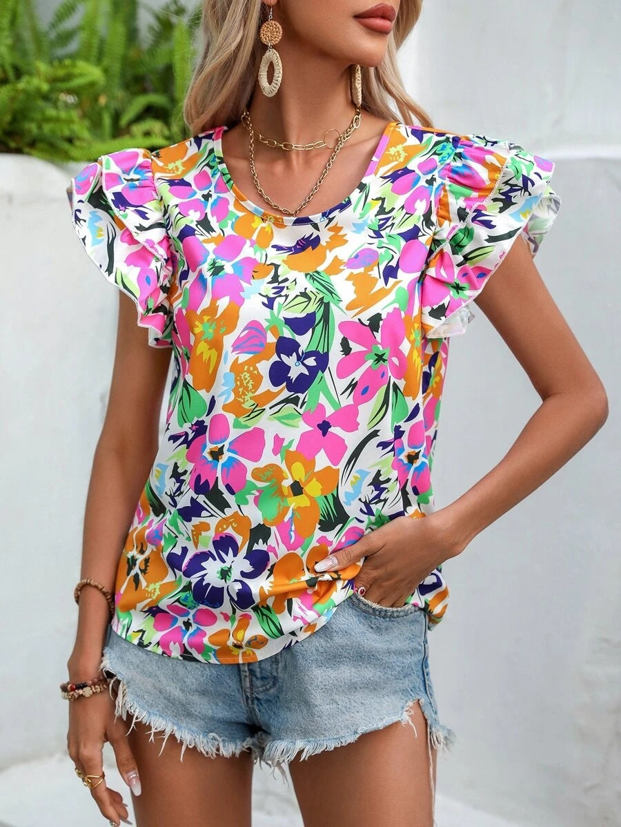 Women's Summer Floral Print Double-layer Flying Short-sleeved Blouses