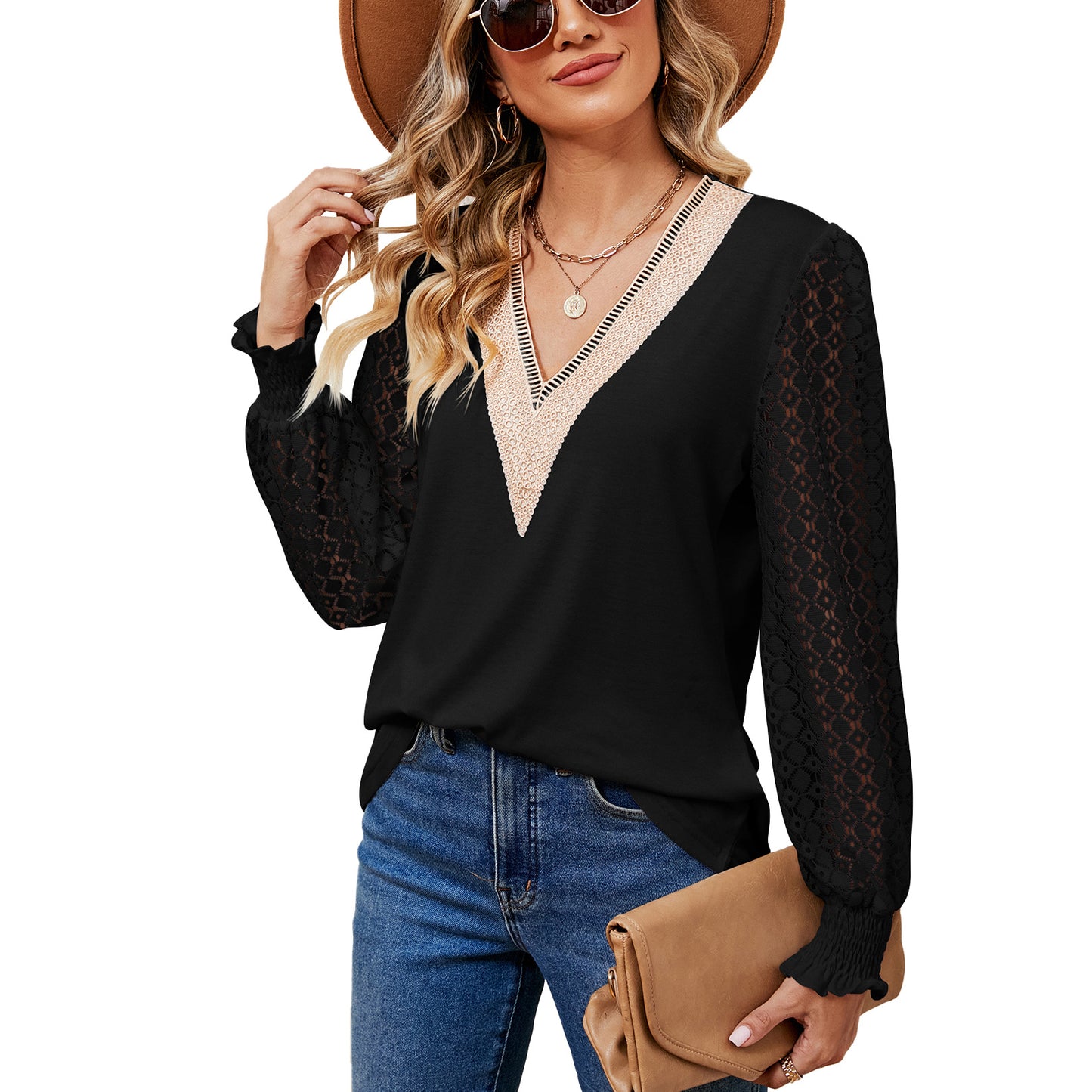 Women's Lace Patchwork Loose Long-sleeved T-shirt Blouses