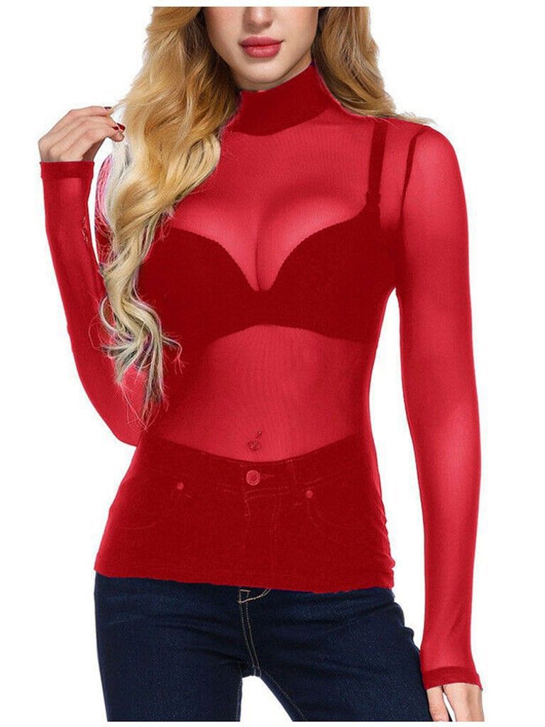 Women's Sexy Ultra Slim Mesh Stretch Tight Long Sleeve Half Blouses