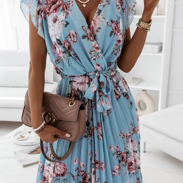 Women's Dress Summer Floating Sleeve Floral Pleated Dresses