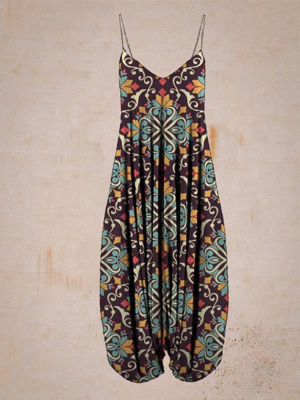 Beautiful Women's Print Suspenders Beach Loose Jumpsuits