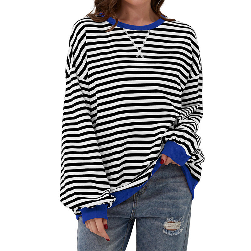 Women's T-shirt Summer Loose-fitting Striped Long Sleeves Blouses