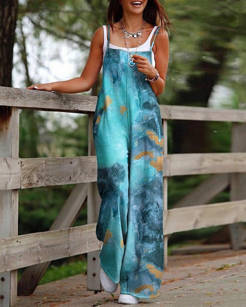 Women's Fashion Printed Sling Pocket Wide Leg Jumpsuits