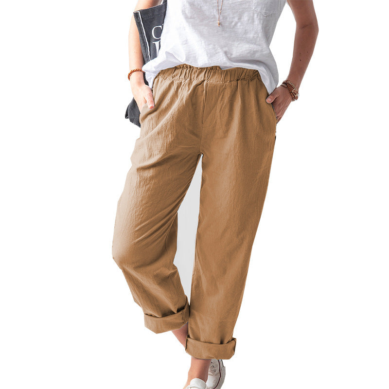 Pantalon en lin pour femme, pantalon haut élastique de couleur unie