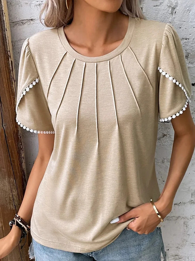 Women's Summer Round Neck Solid Color Pleated Blouses