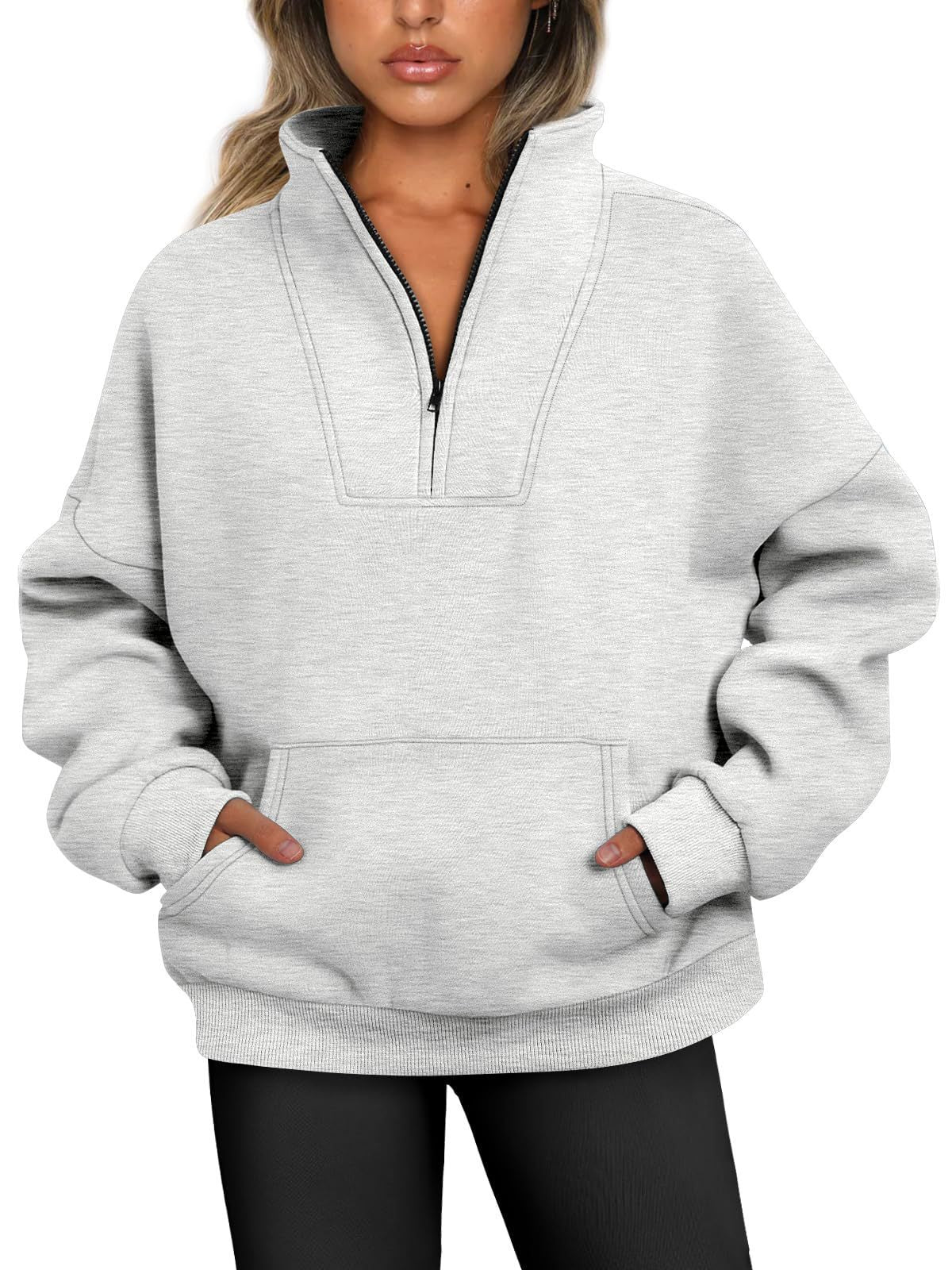 Damen-Kapuzenpullover mit Kragen, einfarbig, Tasche und Reißverschluss