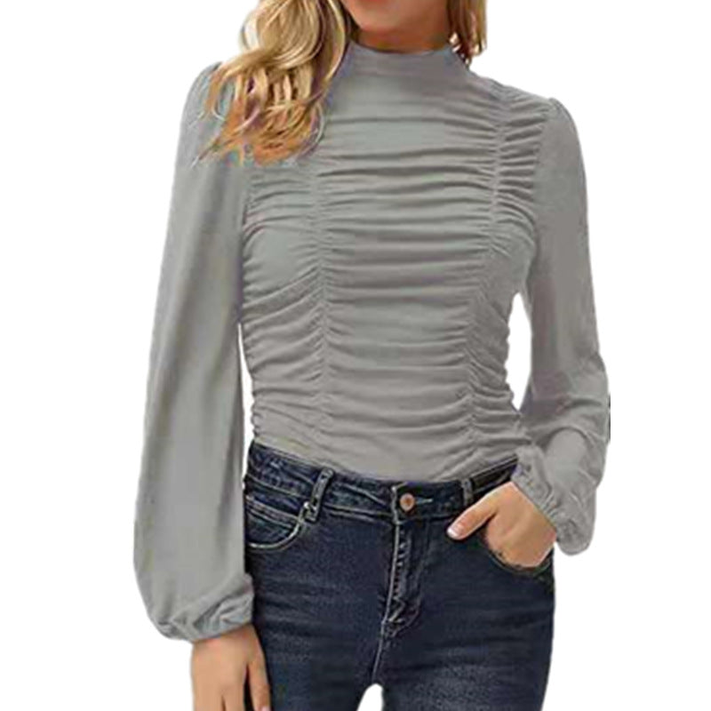 Women's Color Long Lantern Sleeve Turtleneck Pleated Slim Blouses