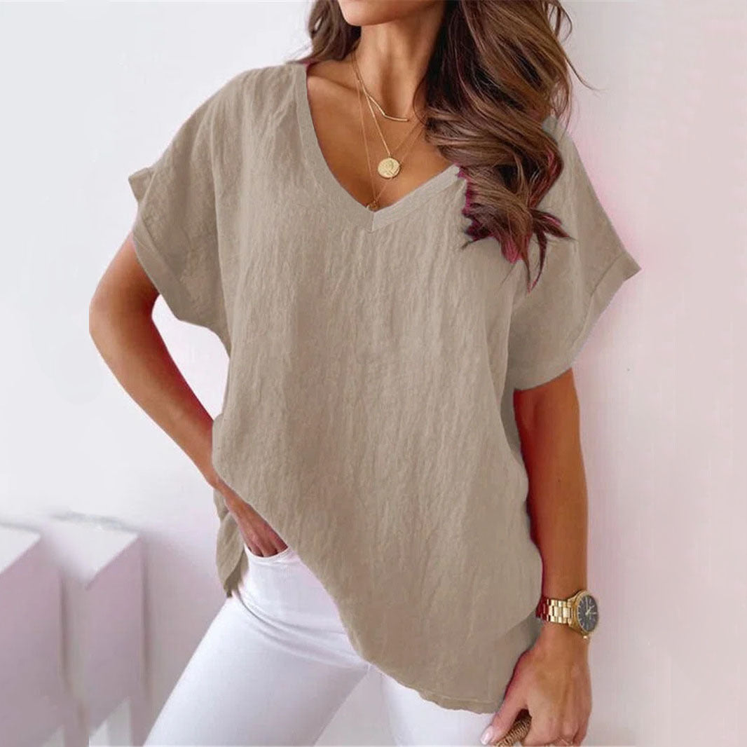 Women's Sleeve V-neck Solid Color Cotton Linen Blouses