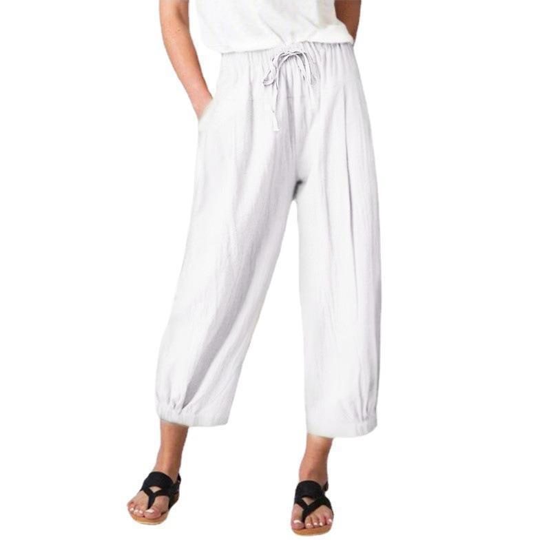 Women's Cotton Linen Drawstring Cropped Pocket Casual Pants