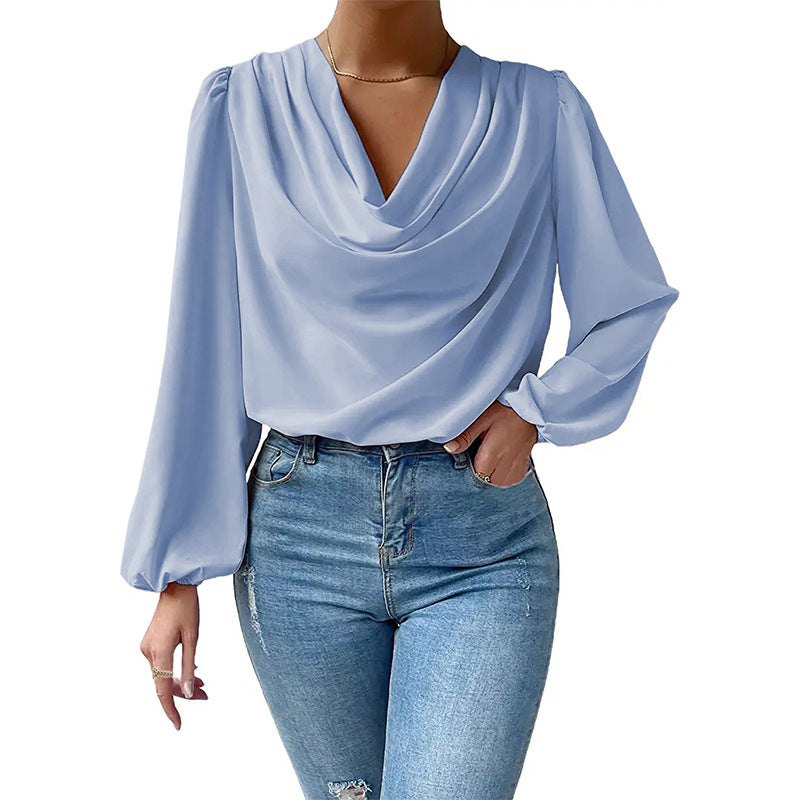 Damen Chiffon Langarm Lockere V-Ausschnitt Lässige T-Shirt Blusen